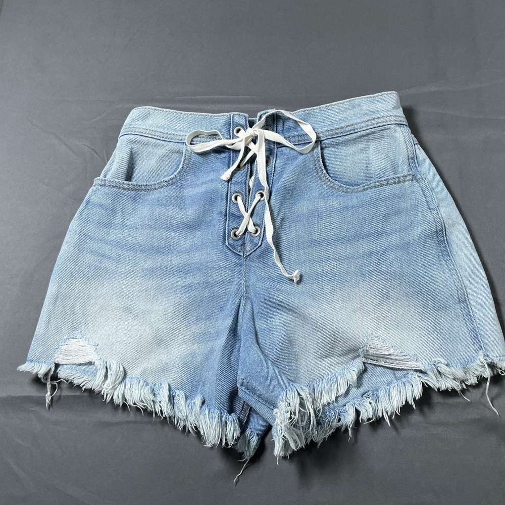 Hollister Ultra High Rise Vintage Denim Shorts Lace Up Light Wash Blue Sz 3 W26